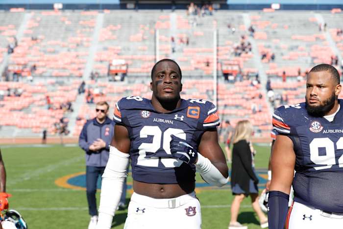 Oct 29, 2022; Auburn, Alabama, USA; Auburn Tigers linebacker Derick Hall (29) after the game against the Arkansas Razorbacks at Jordan-Hare Stadium. Mandatory Credit: John Reed-USA TODAY Sports